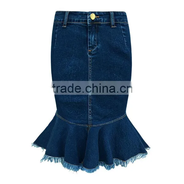 Lastest Design Girls Fashion Women Dark Blue Raw Edges Denim Elastic Jeans Skirts