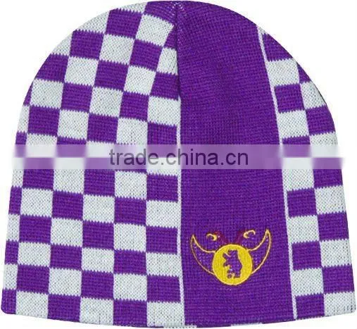 Acrylic Purple Double Layer Jacquard With Embroidery Knitted Hat