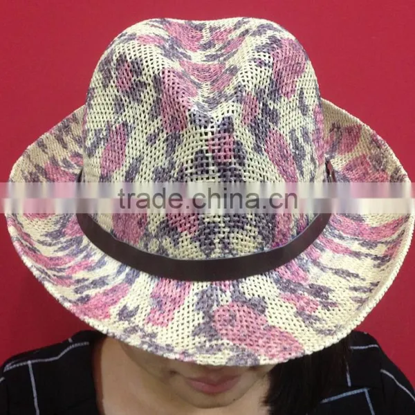 Print Woven Straw Hat With Leather Band