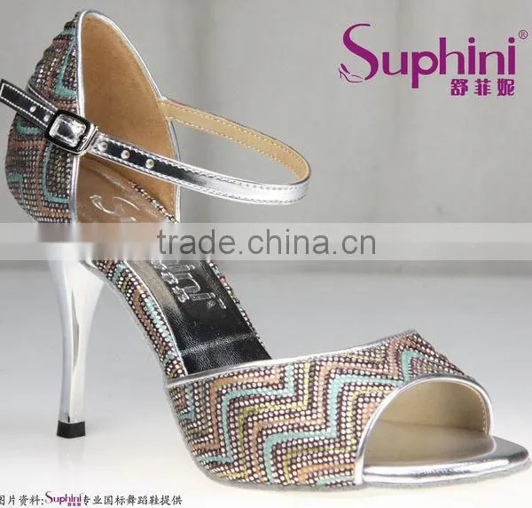 Suphini New Designer Silver Glitter White Satin Elegance Tango Dance Shoes photo-3