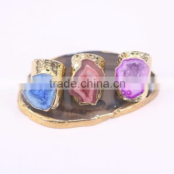 Mixed Colors Agate Geode Ring Golden Electroformed Freeform Drusy Druzy Gem Stone Jewelry Rings photo-5