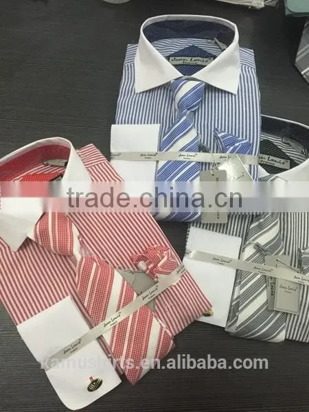 Stock USA Men Oxford Stripes Dress Shirt With Tie/Hankie/Cufflinks
