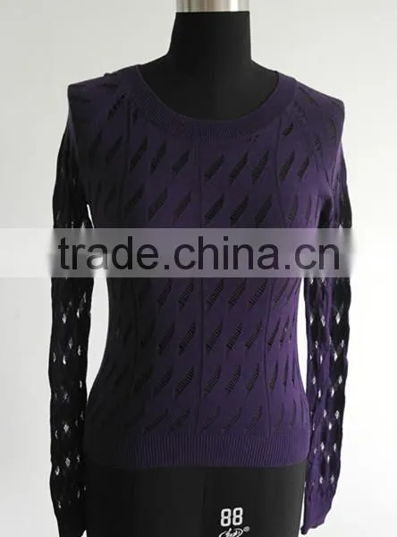 Ladies Purple Color Ajour Knitted Pullover Sweater 2014