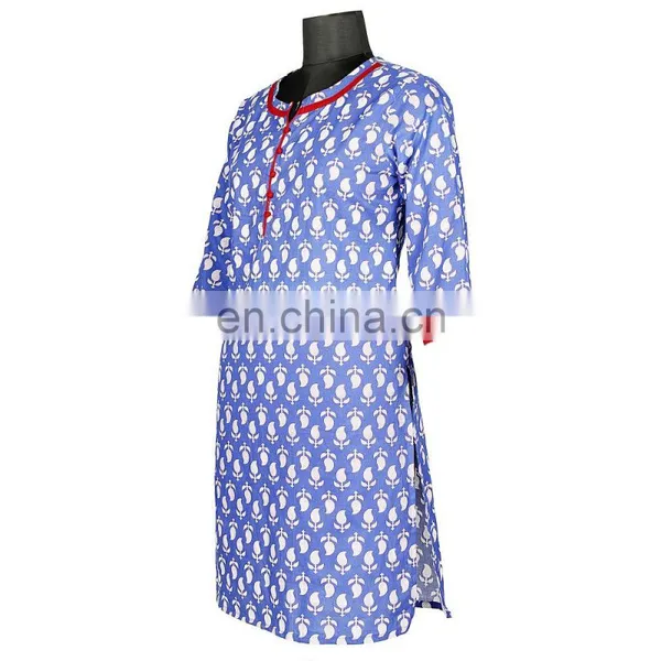BLUE LEAVE PRINTED LATEST PATTERN WITH RED PATTI ON NECK 100% COTTON photo-3