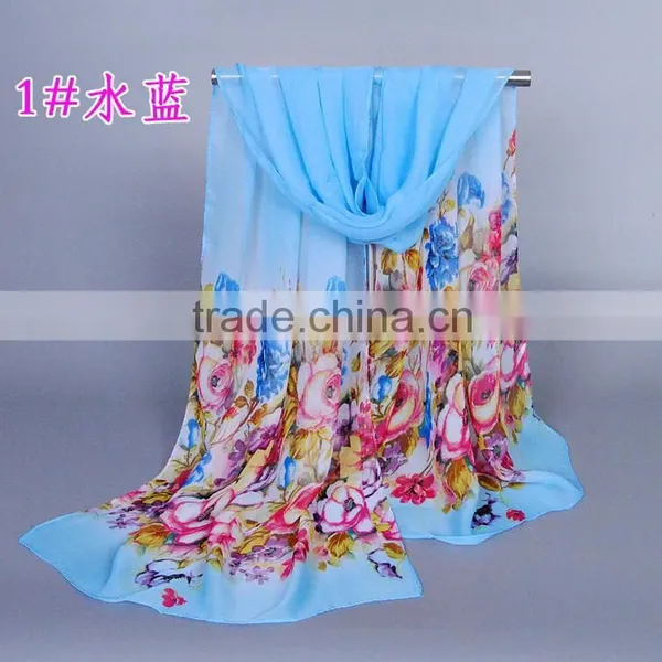 Wholesale Blue Flower Silk Printed Scarf Fashion Chiffon Wrap Neck Scaves Muffler Shawls