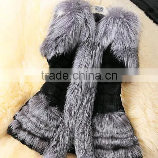 Factory Price Koreal Style Long Silver Fox Fur Trim Rabbit Fur Vest photo-3