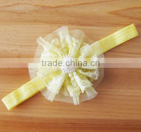 Lace Flower Headband With Pearl Rhinestone in Center for Kids Hair Accessories photo-6