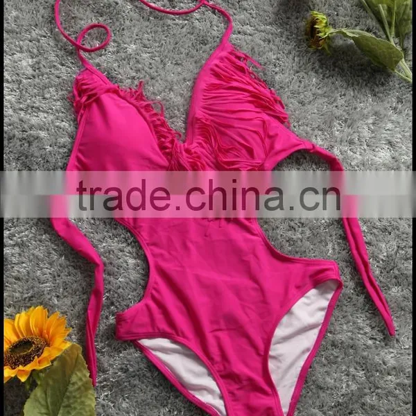 Sexy Tassel Solid Color Piece Swimsuit Plain V-neck Tassel Bikini Swimsuit photo-3