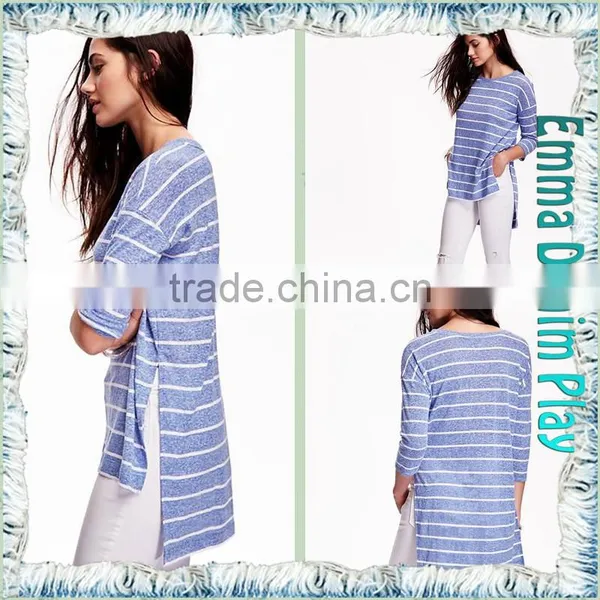 2016 Latest Custom Designer Blue Stripe Long Open Hem Womens Three Quarters Sleeve Round Neck T Shirts photo-4