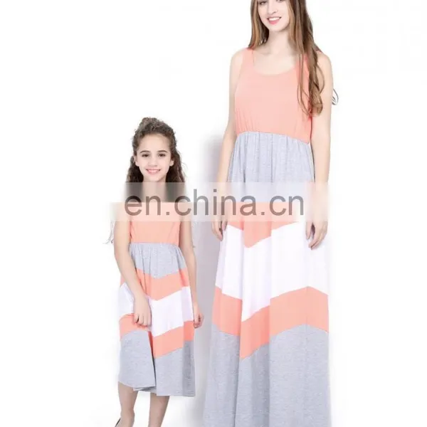 2019 New Women Gray White Pink Chevron Zigzag Long Summer Dress Mother Daughter Matching (this Link for WOMAN) photo-4
