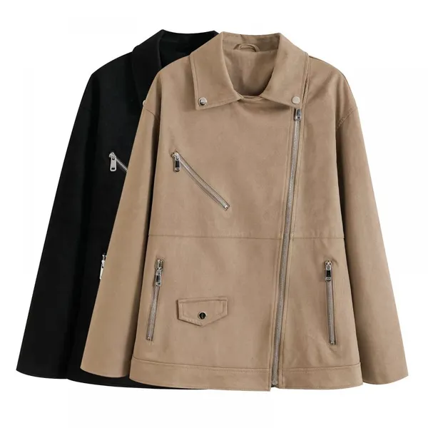 Women's Suede Texture Effect Motorcycle Style Lapel Jacket Jacket