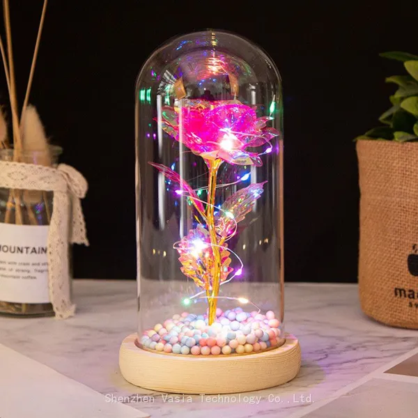 24K Gold Foil Rose in Glass Dome With Colorful LED Light for Women Mom Valentines Mothers Day Gifts Bulk photo-3