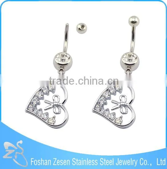 China Manufacturer Surgical Steel Hanging Pink Crystal Heart Bow Belly Ring photo-2