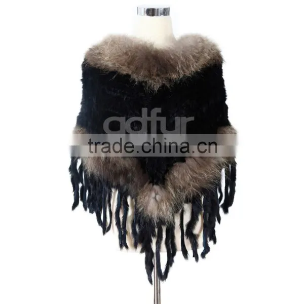 QD200121 Excellent Quality Women Wear Knit Winter Rabbit Fur Ponchos Sale With Raccoon Dog Fur Trim Long Fringes