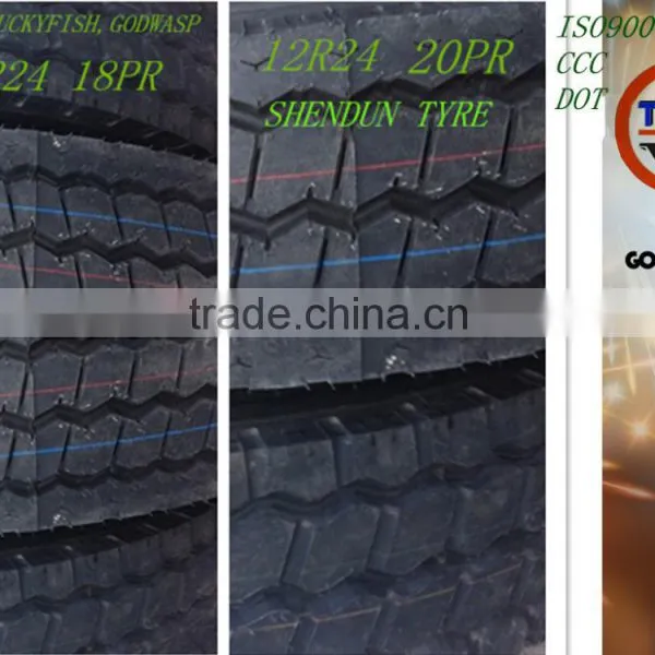 China Heavy Truck Tire 12R24 20PR/18PR TL Tubeless,Our Brand:Luckyfish,Godwasp,SHIPMENT Quantity 190 Sets/(1*40HC Container)