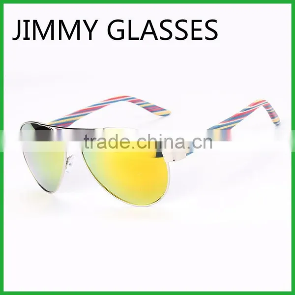 JMP614 Colorful Wood Temple Sunglasses Aviator Metal Frame With Blue Mirror UV400 Lens