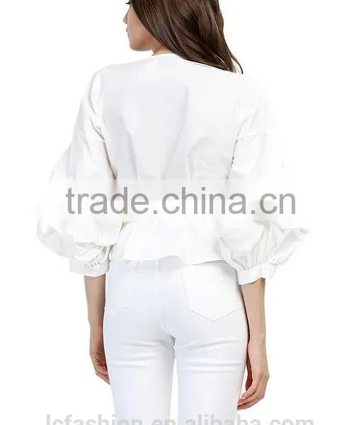 2017 New Fashion Solid Tie Belt Puff Sleeve Tops photo-3