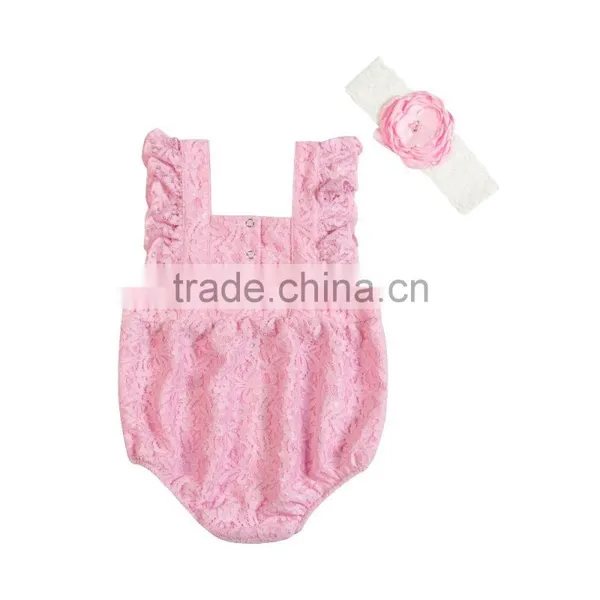 Wholesale Fashion Newborn Baby Girls Pink Lace Romper Infant Bodysuits Adorable Lace Kids Rompers photo-2