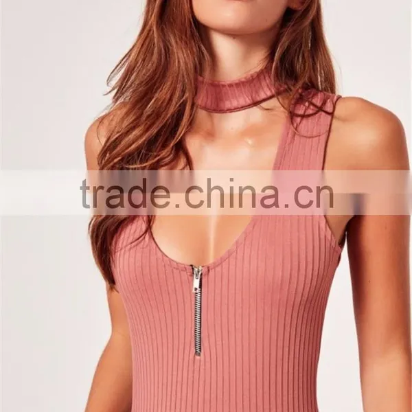 Pink Cut Out Mock Neck Zipper Infront Sleeveless Bodysuit Cotton Blends Sexy Scoop Neck Sweater photo-3