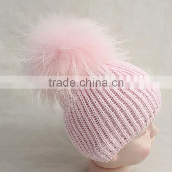 Myfur Baby Pink Raccoon Fur Pom Pom Knitting Hat With Raccoon Fur Bobble photo-3