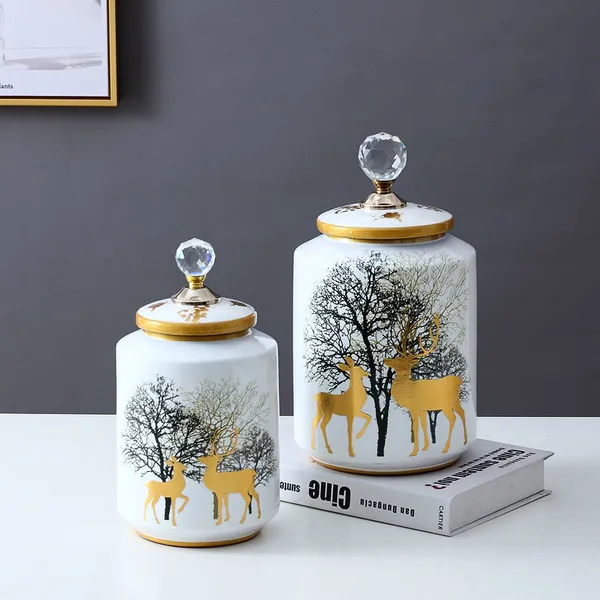 European Simple Style Deer and Tree Gilded Painting Ceramic Flowers Vases With a Crystal Lid For Office photo-5