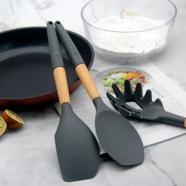 Home and Kitchen Gadgets Kitchen Utensils KITCHEN UTENSILS 9PCS SILICONE UTENSIL SETS WITH WOODEN HOLDER photo-5