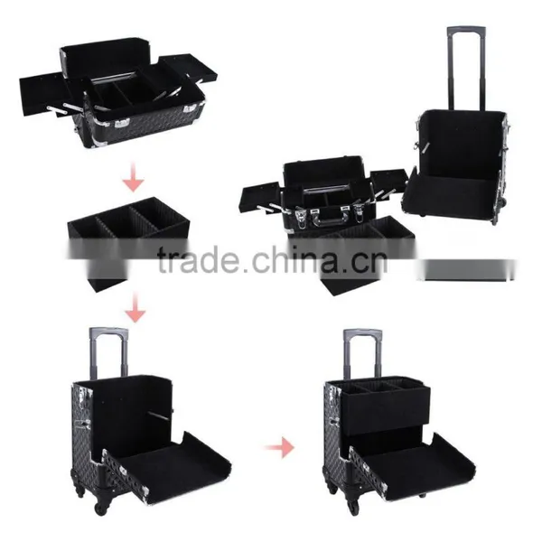Aluminum Rolling Makeup Case 2 in 1 Cosmetic Artist Train Case Beauty Salon Organizer 4 Wheels Lift Handle photo-3