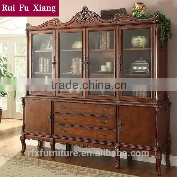 Classic Country Style Wood Book Cabinet With Four Glass Doors and Drawers and Carvings AI-213