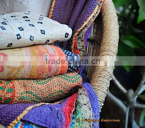 Throw Kantha Quilt Handmade Reversible Quilt Vintage Gudari Ralli Hand Stitched Kanth Recycled Sari Blanket