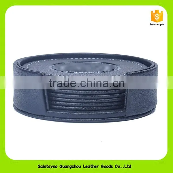 16016 Eco-friendly Leather Black Round Shape Leather/PU Drink Coaster photo-2