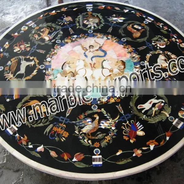 Italian Inlay Marble Dinning Table Top, Round Black Pietra Dura Table Top photo-4