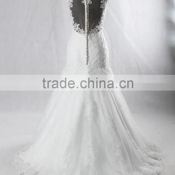 RSW928 Cap Sleeves Illusion Neckline See Through Back Lace Wedding Dresses Mermaid With Detachable Train photo-6