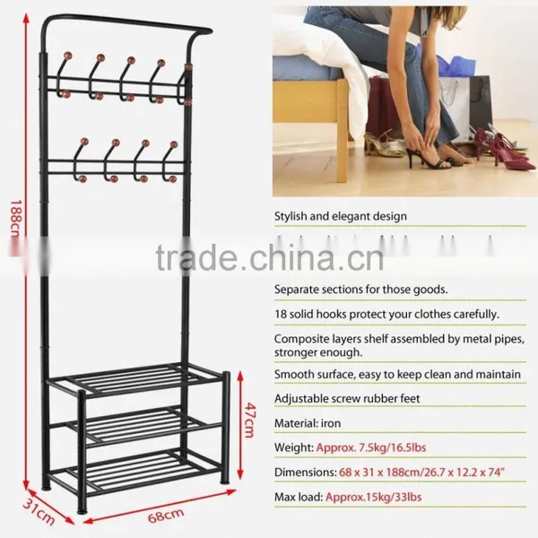 Metal 18 Hanger Hooks Clothes Coat Stand Shoes Hats Bags Stand Rack (black) photo-5
