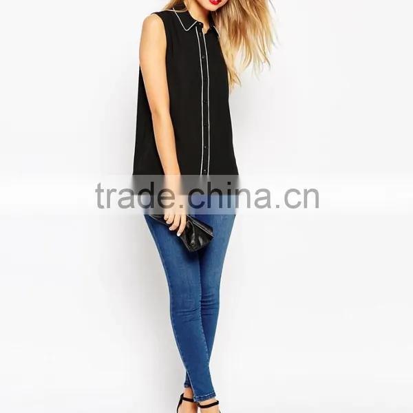 China Factory OEM ODM 2015 New Fashion Customized Sleeveless Blouse With Contrast Piping photo-4