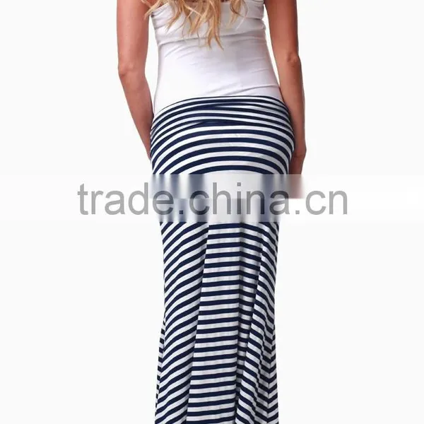 Fold Over Waistband Navy Blue White Print Maternity Long Skirts photo-2