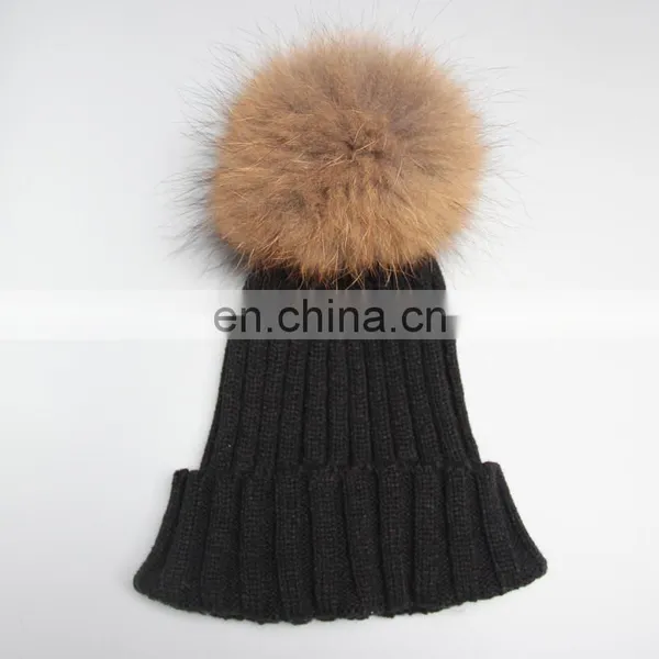 Wholesale Mens Knitted Plain Beanie Hat With Fur Pom Pom photo-5