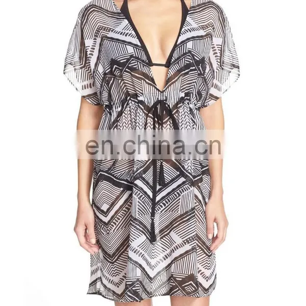 C84 Loose Fit Flutter Sleeves Cover-Up Tunic Printed Chiffon Beach Kaftan photo-2