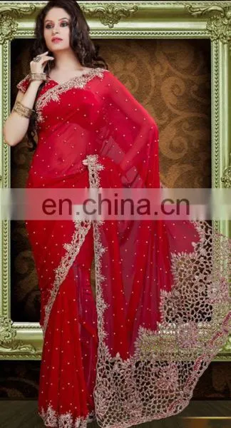 Hot Red Stone Crystal Work Wedding Saree