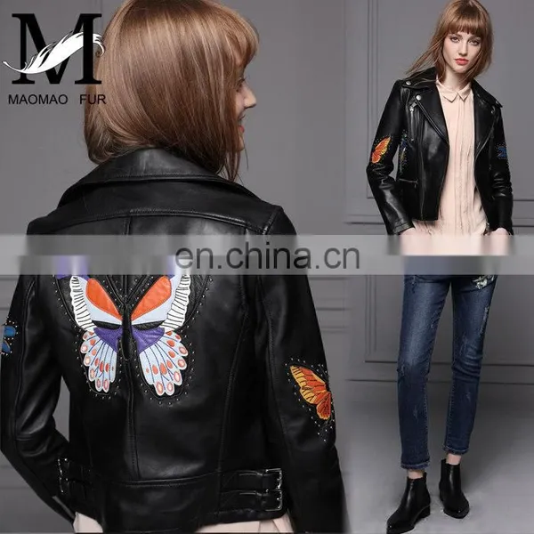 Hot Selling OEM Fashion Latest Womens Jackets Short Sheep Skin Moto Biker Leather Jacket photo-5