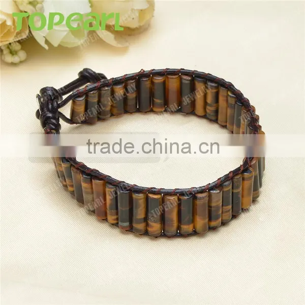 Topearl Jewelry Tiger Eye Leather Bracelet Woven Wrap Bangle 7.5 Inches CLL125 photo-3