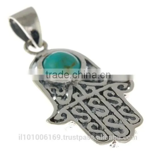Turquoise Stone Hamsa Silver Pendant, P365