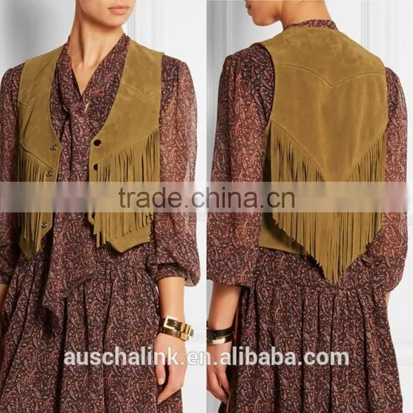 High Quality Women Sweet Brown Slim Fit Fringe Suede Vest photo-6