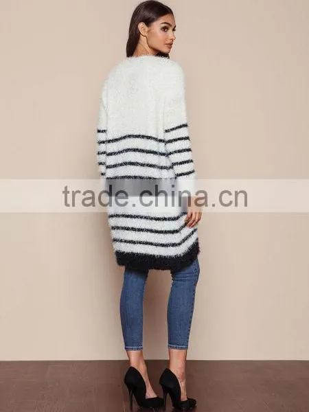 MGOO 2016 New Arrival Fuzzy White Striped Cardigan Women Knit Tops Cashmere Sweaters Women Clothing photo-5