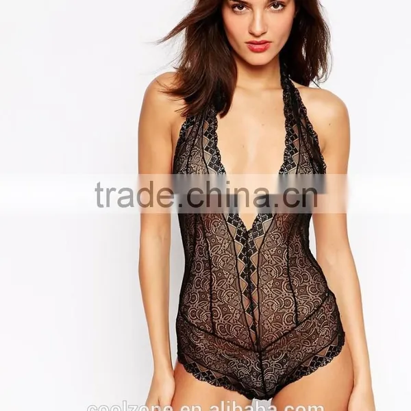 Plunge V-neck Open Back Bodysuit Women Lace Bodysuit Wholesale photo-2