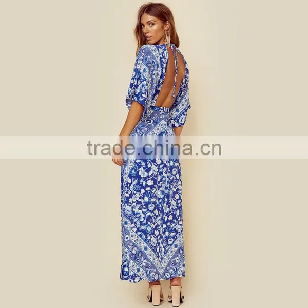 Gypsy Boho Hippie Printed Clothes Half Sleeve Backless Floral Maxi Dress photo-4