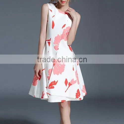 A-line One-piece Printed Leaf Pattern White Retro Dress photo-2