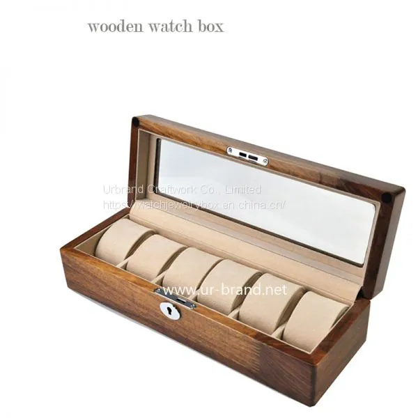 6 Slot Wooden Watch Box PU Leather Display Case Organizer Glass Jewelry Storage Box photo-5