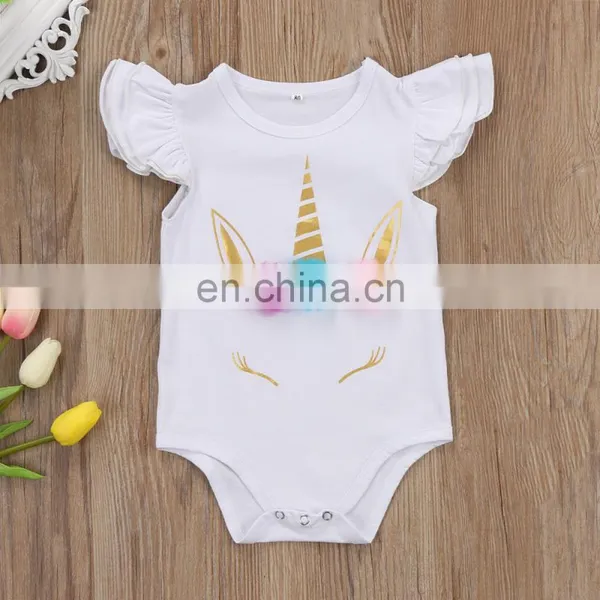 Boutique Soft Newborn Cotton Romper Unicorn Printed White Baby Romper photo-2