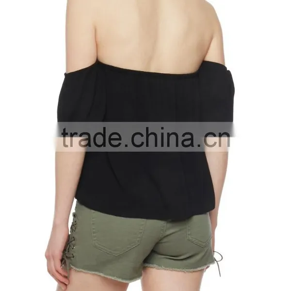 Women T-Shirts, Clothing Women, Black Off the Shoulder Crinkle Knit Top photo-3