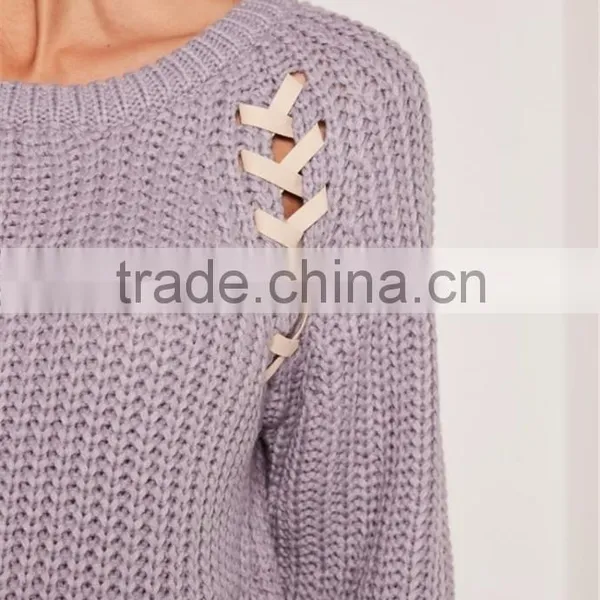 Custom Label Brand Women Plain Long Sleeve Knitwear Crewneck Lace Up Jumper Purple Pullover Oversized photo-4